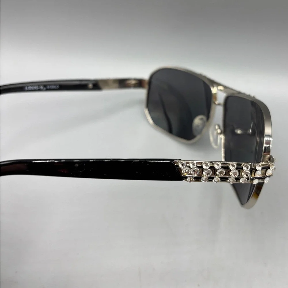 Louis Valentin Aviator Sunglasses Silver Frame Black Lenses‎ Rhinestones 3159LO